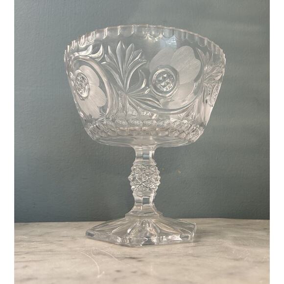 7" American Brilliant Cut Floral Star Crystal Pedestal Footed Bowl Glows Pink! - Picture 4 of 14